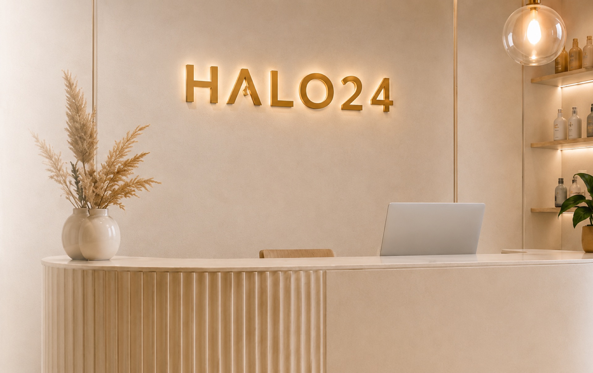 Recepcja salonu ze złotym logo HALO24